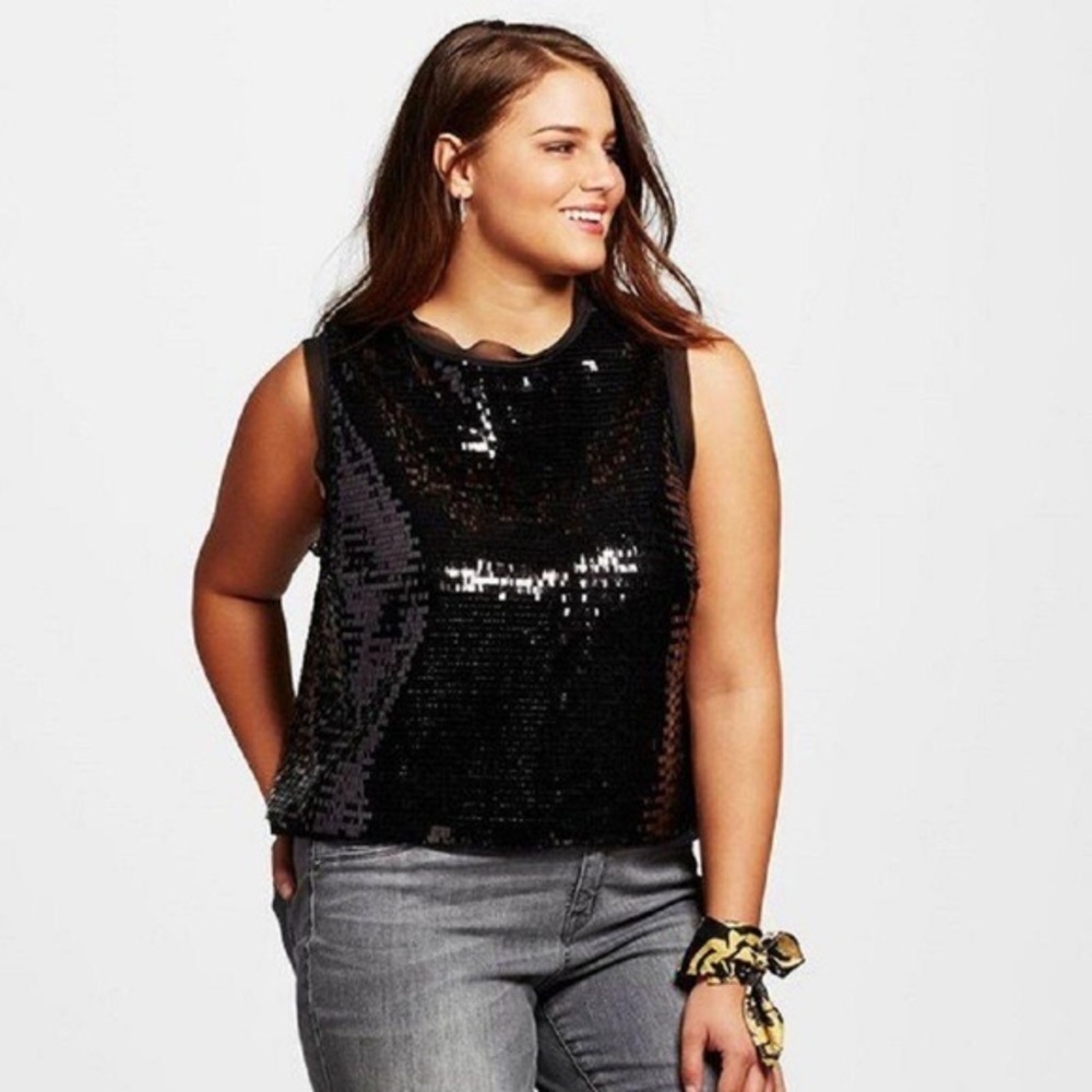 Who What Wear Black Sequin Sleeveless Blouse Top